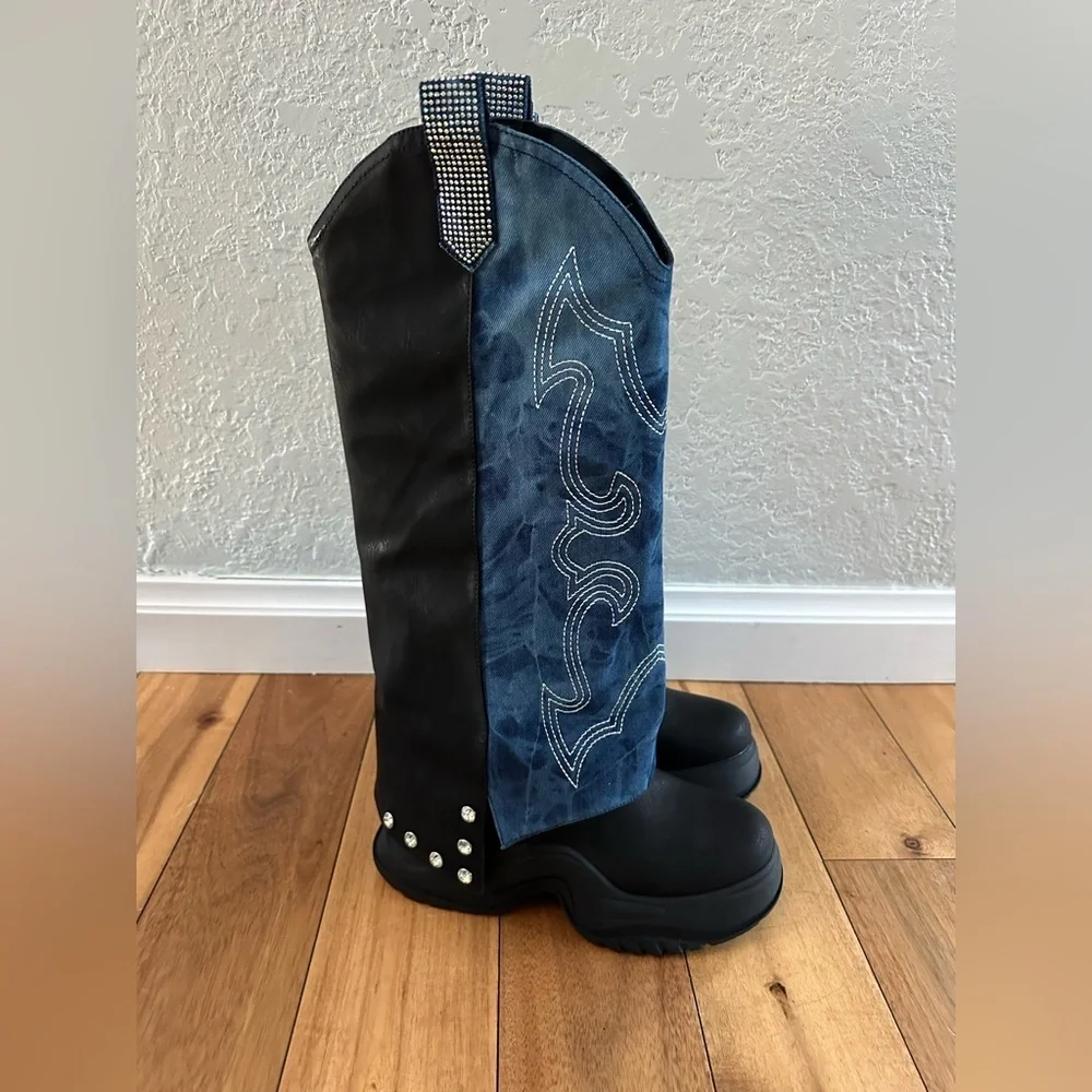 CAPE ROBBIN SUNGSU WESTERN DENIM/RHINESTONE PLATFORM BOOTS NIB